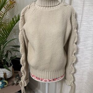 Women's Cream Sweater with Braided Sleeves